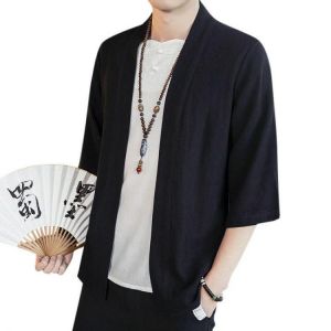 Mens Vintage Kimono Three Quarter Sleeve Linen Loose Comfy Casual Jacket
