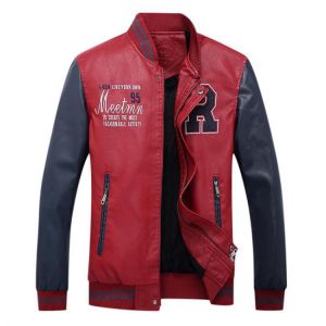 Men's Motorcycle Style PU Leather Patchwork Badge Decoration Slim Fit Baseball Jacket
