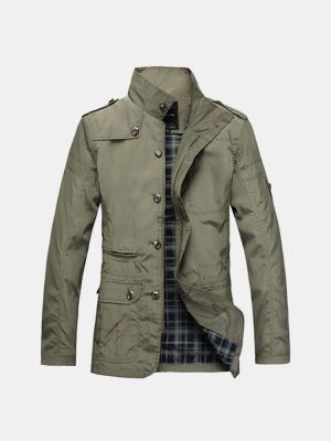 Mens Fashion Solid Oversize Slim Fit Thin Trench Coats Stand Collar Jacket