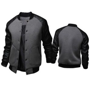 Splicing Leather Sleeve Big Pockets Single Breasted Varsity Jacket for Men