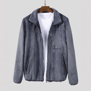 Mens Plush Pure Color Chest Pocket Long Sleeve Casual Jacket