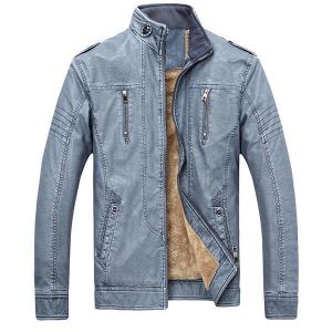 Winter Velvet Plus Thick Warm Stylish PU Motor Yellow Faux Washed Leather Jacket for Men