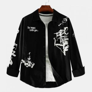Mens Autumn Cotton English Graffiti Printed Fashion Long Sleeve Coats
