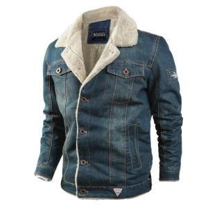 Mens Thick Warm Fleece Turn Down Collar Embroidery Winter Denim Casual Jacket