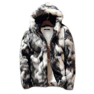 Mens Winter Faux Fur Thick Warm Hooded Casual Zipper Black White Jacket
