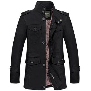 Mens Stand Collar Big Size Cotton Coat Leisure Casual Solid Color Multi Pocket Outdooors Jacket