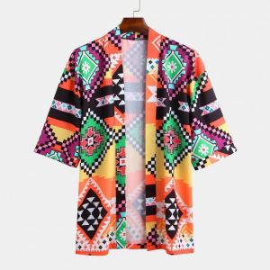 Mens Fashion Colorful Printed Loose Comfy Half Sleeve Casual Cardigans