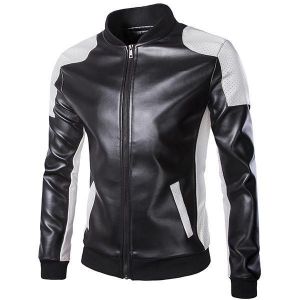 Mens PU Leather Fashion Black White Stitching Motorcycle Biker Jacket Baseball Collar Coat