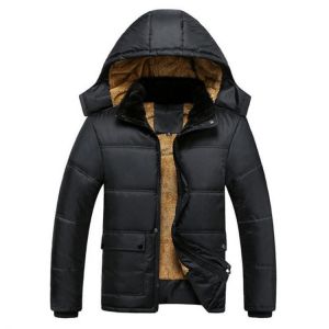Mens Thick Warm Winter Fleece Hooded Jacket Black Big Pocket Coats