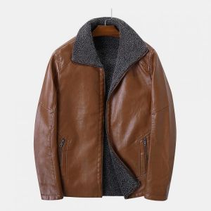 Mens Vintage PU Thick Wearproof Zipper Inside Pocket Jacket