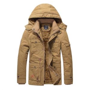 Mens Winter Cotton Thick Fleece Multifunction Pockets Drawstring Warm Jacket