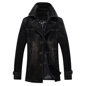Mens Mid-long Denim Turn Down Collar Stylish Casual Business Windreaker Jacket