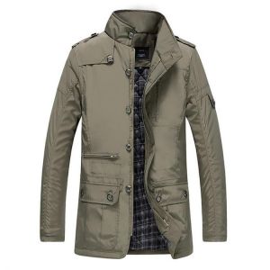 Mens Water Repellent Windproof Stand Collar Thick Padded Jacket Solid Color Trench Coat