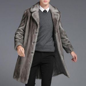 Mens Mink Faux Fur Coats Mid Long Winter Warm Stylish Furry Overcoat