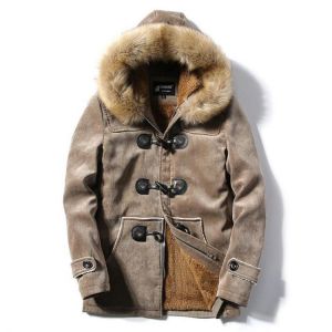 Mens Furry Hooded Fleece Thick Warm Winter Toggle Coat Parka Jacket