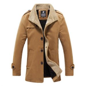 Mens Mid-long Stand Collar Solid Color Epaulet Thick Fleece Single-breasted Jacket Coats