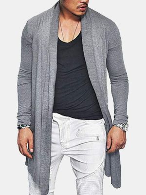 shopping מעילים וג׳קטים Mens Spring Fall Mid Long Solid Color Casual Cardigans with Pocket Jacket