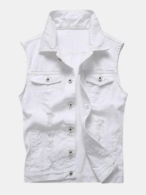 Casual Holes Pocket White Denim Vest For Men