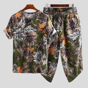 Mens Half Sleeve Printed Chinese Style Loose Fashion Suit