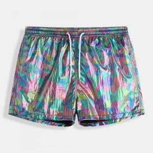 ChArmkpR Irregular Reflective Color Block Grid Lining Board Shorts