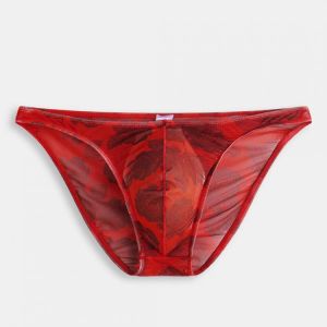 Mens Rose Floral Thin Transparent Briefs Nylon Breathable Low Rise Underwear