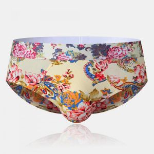 Mens Floral Print Briefs Ice Silk Patchwork Knitting Seamless Thin Quick Dry Underwear