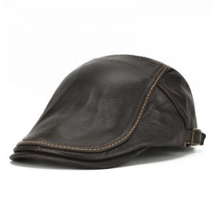 Mens Genuine Cowhide Leather Beret Hat Solid Casual Warm Forward Caps Adjustable