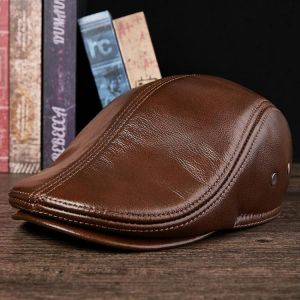 Men First Layer Cowhide Leather Hat Fashion Beret Warm Beret Caps With Earmuffs Neck Warm Hat