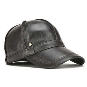 Mens Genuine Leather Warm Baseball Cap With Ears Flaps Adjustable Thickened Vintage Hat