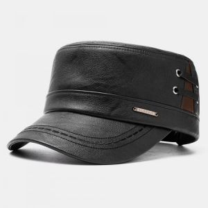 Men's PU Leather Flat HatS Casual With Knit Hats Warm Hats
