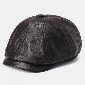 Men Cracked PU Leather Newsboy Hat Retro Beret Caps