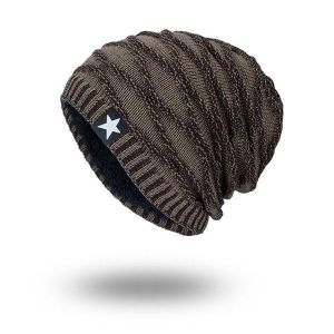 Men Women Stripe Knitted Warm Beanie Cap Velvet Lining Winter Skullies Hat