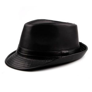 Men Vintage Artificial Leather Bucket Hats British Style Curved Brim Jazz Cap