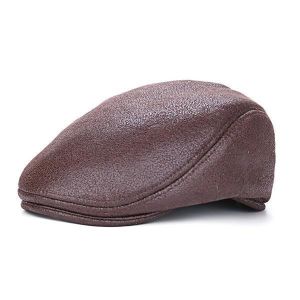Men Vintage Artificial Leather Beret Cap Solid Casual Visor Winter Warm Gentleman Forward Hats