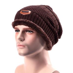 Men Male Knitted Slouch Beanie Hat Coral Fleece Linen Double Layers Elastic Mountaineering Outdooors Cap