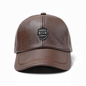 shopping אקססורייז Winter Artificial Leather Cotton Lining Letter Badge Dad Hat Outdoor Adjustable Baseball Cap