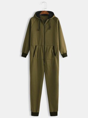 shopping פיג׳מות Men  Mulit Pockets Thicken Loungewear Zip Down Jumpsuit Plain Hooded Pajamas