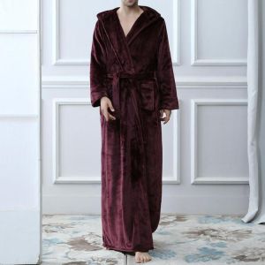 shopping פיג׳מות Men Flannel Ankle-Length Bathrobe Hooded Belt Comfortable Sleep Robe Warm Sleepwear