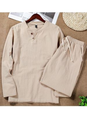 Men Linen Plain Pajama Set Chinese Style Plus Size Comfortable Home Loungewear With Pockets