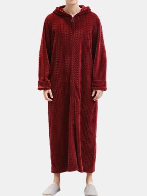 Men Flannel Plain Thermal Warm Loose Hooded Pajama Set Robe Zip Down Thicken Comfortable Loungewear