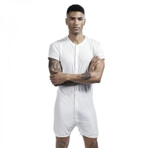 shopping פיג׳מות Men Solid Color Onesies Pajamas Viscose Breathable Short Sleeve Buttons Down Loungewear Jumpsuit