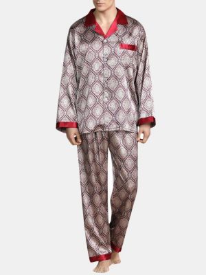 Men Faux Silk Pajamas Set Comfortable Smooth Long Sleeve Single Breasted Sleepwear Suit