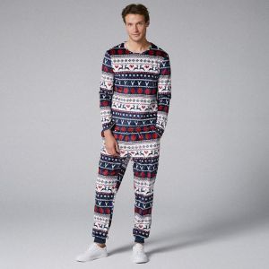 Mens Two-Pieces O Neck Christmas Pajama Set Peers Fairisle Printing Sleepwear Loungewear