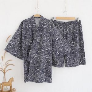 2PCS Men&#039;s Kimono Yukata Pyjamas Japanese Style Bathrobe Floral Print Sleepwear