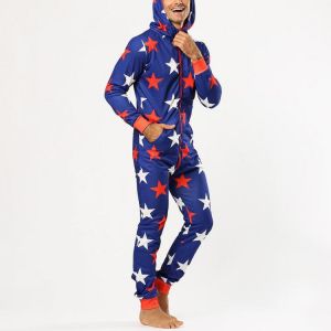 Men Funny Stars Printing Onesies Hooded Jumpsuit Loungewear Home Zip Down Long Sleeve Pajamas