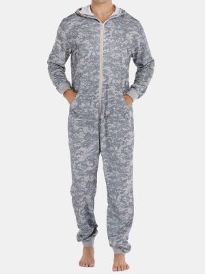 Men Gray Camo Loungewear Jumpsuit Thicken Thermal Loose Zip Down Hooded Home Pajamas With Pockets