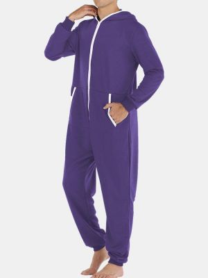 Men Casual Onesies Jumpsuit Hooded Loungewear Loose Pockets Sleepwear Home Daily Pajama Set
