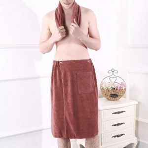 Men Solid Color Bathrobe Beach Towel Skirts Magic Button Quick Dry Homewear Sleepwear