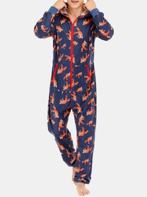 Men Funny Wolf Print Jumpsuit Loungewear Royal Blue Hooded Onesies With Pockets