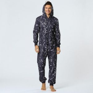 shopping פיג׳מות Men Casual Graffiti Print Black Jumpsuit Loungewear Loose Home Casual Hooded Pajamas